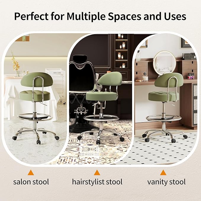 Rolling Stools with Wheels (Faux Leather Makeup Stool) (Quiet Wheels and Aluminum Base) Adjustable Barber Chair 20-27 inch (Green)