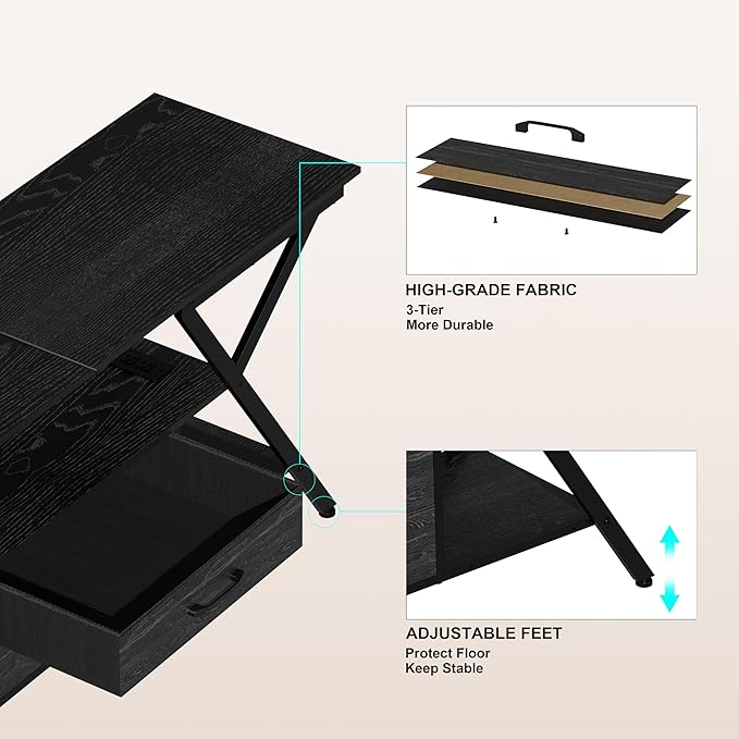 TV Stand with Power Outlet and LED Lights, Fits TVs up to 65”, 2 Fabric Drawers Entertainment Center with Open Storage Shelves, Media Console for Living Room, Bedroom (Charcoal Black)