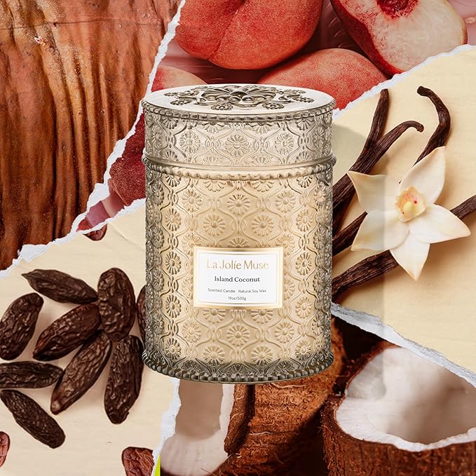 LA JOLIE MUSE Vanilla Coconut Candle, 19 oz Wood Wicked Candles for Home Scented, Natural Soy Wax, Large Glass Jar Candle, 90 Hours Long Burning, Island Coconut