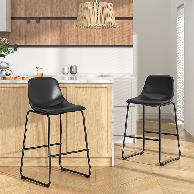 Rfiver Pu Faux Leather Bar Stools Set of 2, Industrial Pub Barstools with Back and Footrest, Modern Armless Bar Height Stool Chairs (Black, 30" Barstool x2)