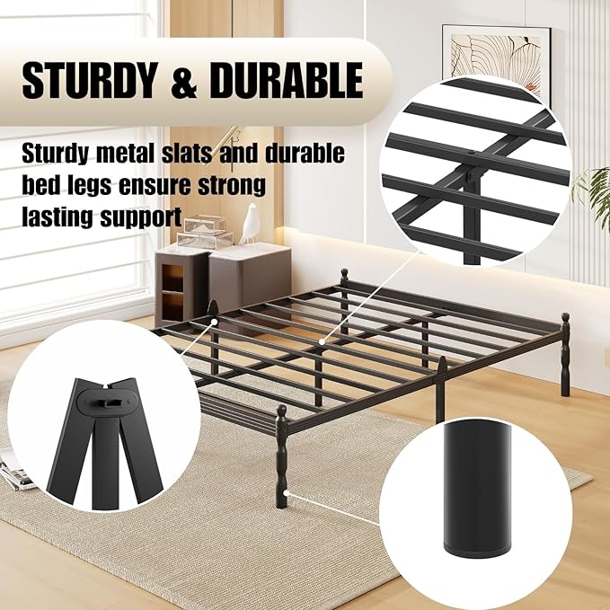 14 Inch Queen Size Bed Frame with 2 Pcs Mattress Slide Stopper, Queen Platform Bed Frame Metal, No Box Spring Needed, Easy Assembly, Heavy Duty, Noise Free, Non-Slip