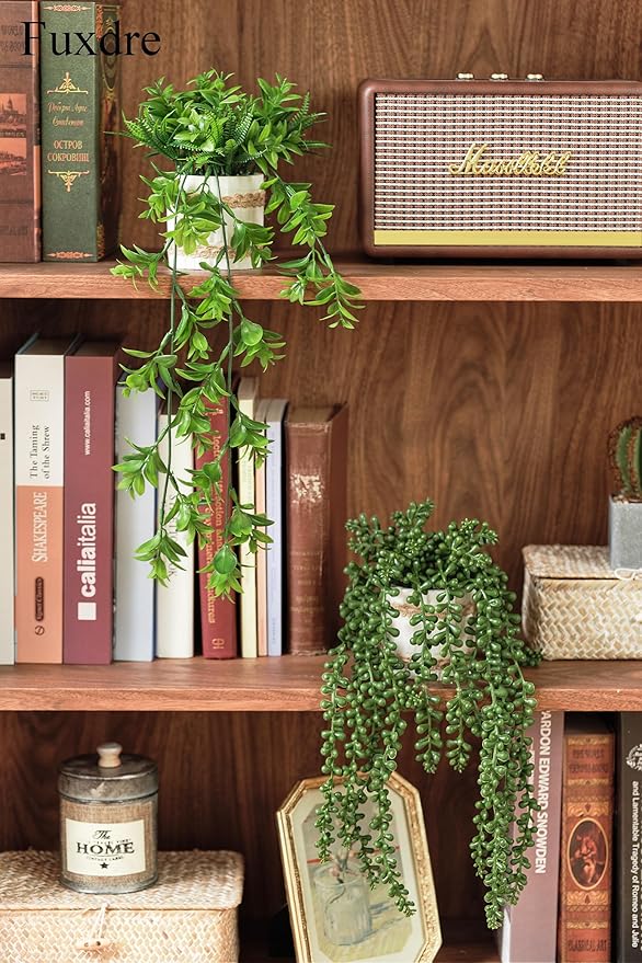 Fake Hanging Plants, 2pcs Artificial Potted Greenery Faux Eucalyptus Vine Fern and String of Pearls in Pot for Home Room Wall Shelf Patio Garden Indoor Outdoor Decor