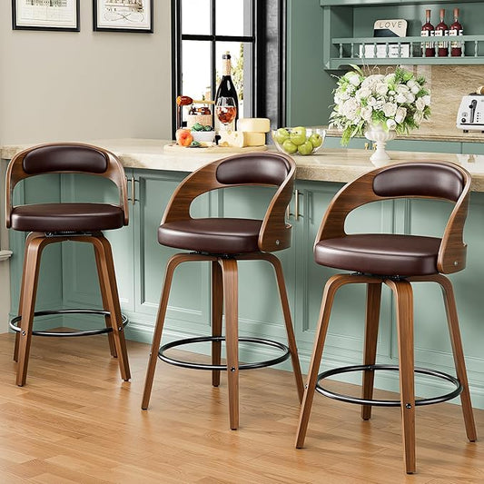 Bar Stools Set of 3, 26" Counter Height Barstools with Bentwood Legs, Swivel Counter Stools with Back, Mid Century Modern Faux Leather Upholstered Bar Chairs for Kitchen Island, Brown