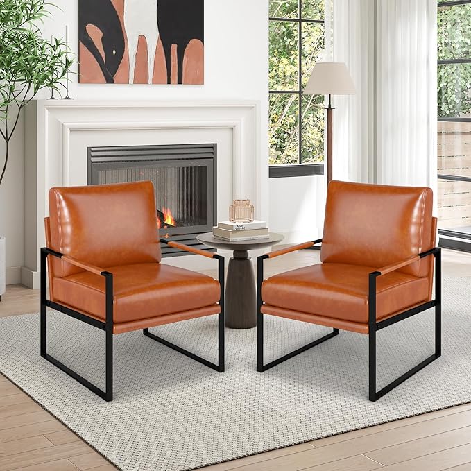 Phoenix Home Mid Century Modern Faux Leather Accent Chair, Metal Framed Armchair with Extra Soft Removable Seat Cushion & Backrest for Living Room Bedroom Waiting Room, Easy to Clean, Brown