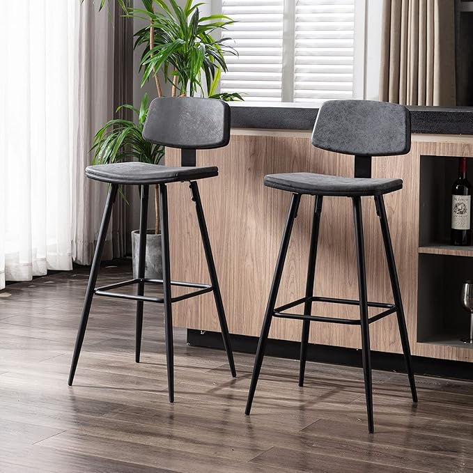 Bar Stools Set of 4, Bar Chairs w/PU Leather Seat and Backrest, Frosted Iron Frame, 29.33'' Seat Height Counter Stools, Simple Assembly, for Dining Room Kitchen Counter Bar, Black