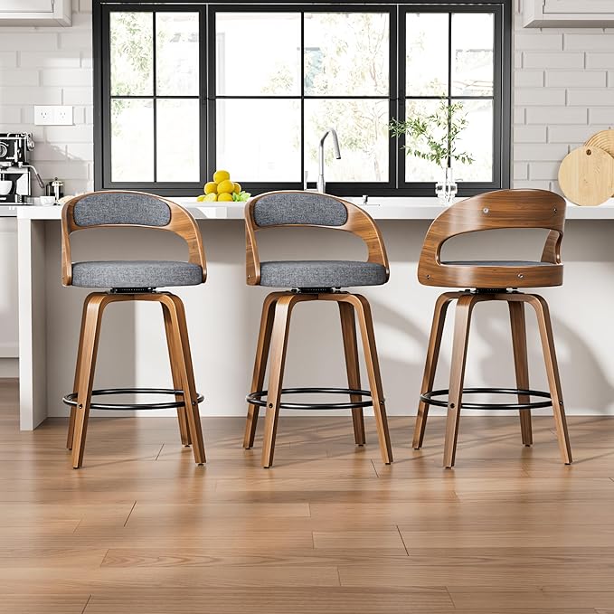 Swivel Bar Stools Set of 2, 26" Upholstered Linen Fabric Barstools with Bentwood Legs, Mid Century Modern Counter Height Bar Stools with Back for Kitchen Island, Dining Room, Grey