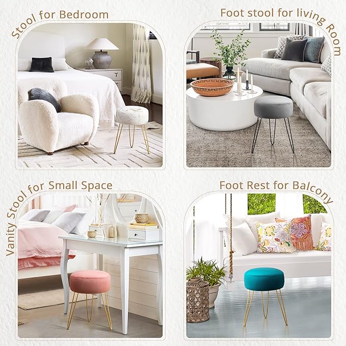 LUE BONA Vanity Stool, Gray Vanity Stools for Makeup Room, Round Ottoman Foot Stool, Velvet Footrest Vanity Chair for Bathroom Vanity, Bedroom, Living Room, Entryway, Offices