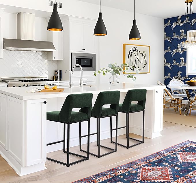 Counter Height Bar Stools Set of 6 for Kitchen Counter Modern Bar Chairs with Backs for Kitchen Island with Upholstered Fabric Seat and Metal Frame, Green, 26 Inch