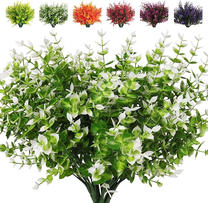 RECUTMS Artificial Faux Plants Flowers Outdoor Spring Decoration, 8 Bundles Artificial Flowers for Outdoors Realistic UV Resistant for Outside Home Planter Porch Patio Window Yard Decor(White)