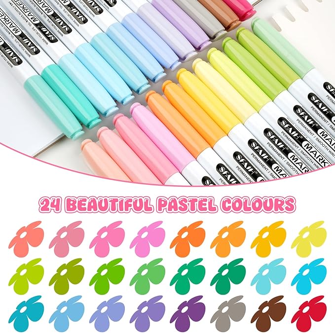 SFAIH 24 Pastel Permanent Markers - Assorted Dreamy Colors, Quick Drying, Fade Resistant, Fine Point Permanent Markers for Paper, Scrapbook, Coloring Book, Poster, School, Home, Art Painting, Drawing