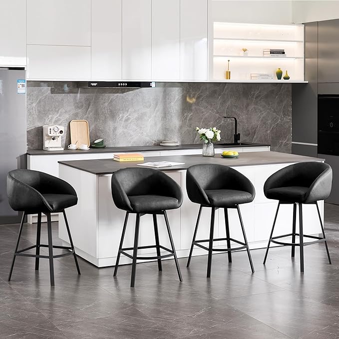 Zesthouse Swivel Counter Height Stools Set of 4, Modern Barrel Bar Stools for Kitchen Island, 26" Upholstered Kitchen Counter Height Barstools with Barrel Arms & Back, Black Faux Leather Bar Chairs