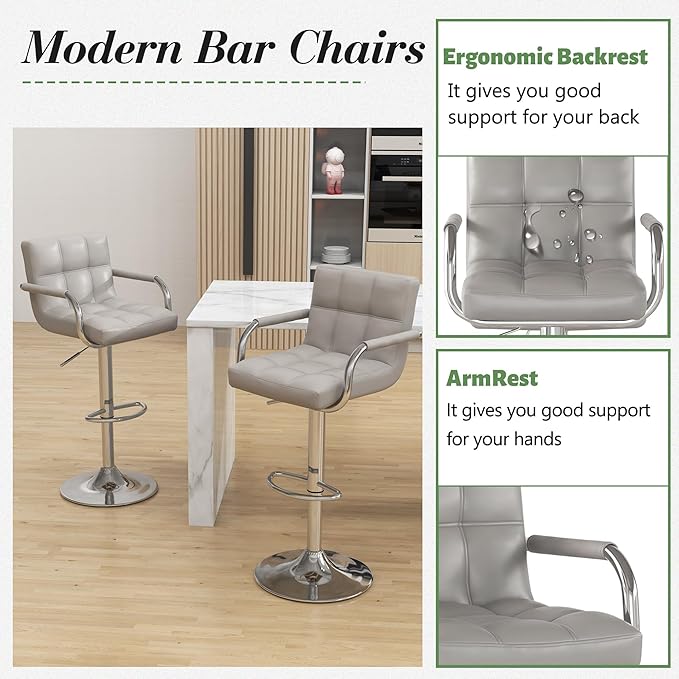 Modern PU Leather Bar Stools Set of 4, Adjustable Swivel Square Bar Chairs, Counter Height Barstools with Arms and Large Base for Island/Kitchen(Gray)