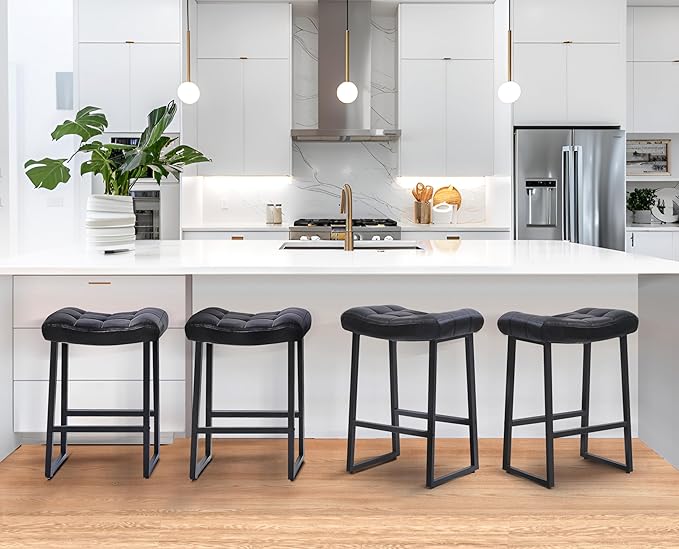 Black Modern Bar Stool for Kitchen Counter Backless Counter Height Barstool with Upholstered Faux Leather Seat and Metal Frame Industrial 24 inch Bar Chair