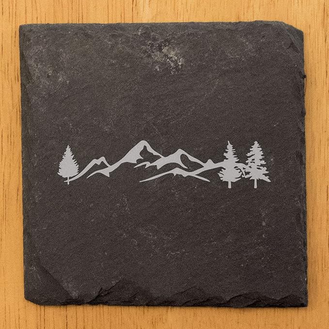 Mountain Majesty Slate Coasters with Stunning Mountain Scene Design - Perfect for Home and Office Decor and Protection of Surfaces, Available in Square or Round Coasters - Square Slate - Set of 5