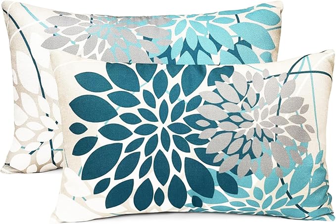 Teal Blue Decorative Throw Pillow Covers 12x20 Inch Pillow Covers for Couch Living Room Bedroom Outdoor.Modern Sofa Throw Pillow Cover.Farmhouse Geometric Floral Linen Square Pillow Case.Set of 2