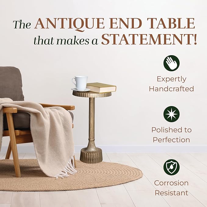 OBJET D'ART Small Round Gold End Tables, Inverness, 22'' Height, Vintage Metal Accent, Side, Pedestal, Coctail and Drink Tables for Living Room and Small Spaces