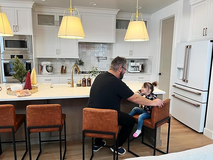 ALPHA HOME 24” Bar Stools Set of 3 Counter Height Bar Stool Pu Leather Kitchen Modern Bar Stools with Backrest Upholstered Footrest Sturdy Chromed Metal Steel Frame,Brown