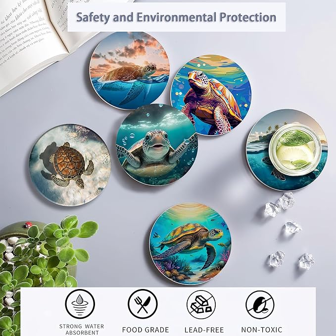 Table Coaster for Drinks Set of 6, Sea Turtles Round Ceramic Coasters,with Cork Base and Metal Holder,Great Housewarming Birthday Gifts,Home Decor