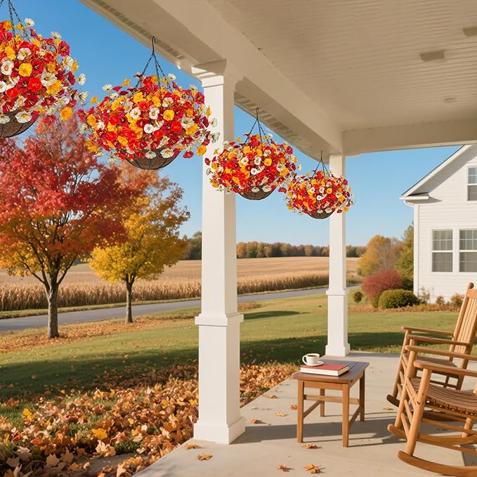 Artificial Fall Flowers with Hanging Baskets Outdoors, Faux mums for Outdoor planters, Fake Mums Petunia Artificial Hanging Plants UV Resistant for Autumn Porch Garden Home Yard Decor (Deep Autumn)