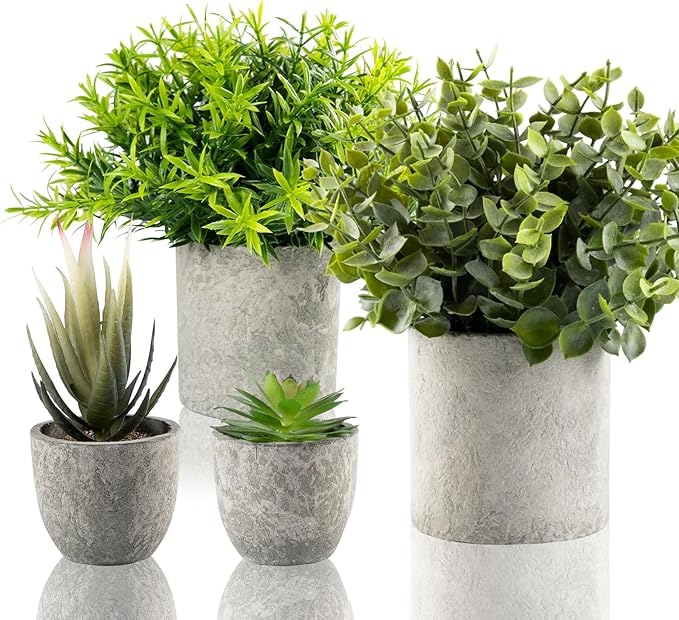 Lemonfilter 4 Pack Fake Plants, Small Eucalyptus Rosemary Succulents Artificial Mini Faux Potted Plants Fake Plant Indoor for Home Bathroom Bedroom Office Desk Desk Shelf Decor