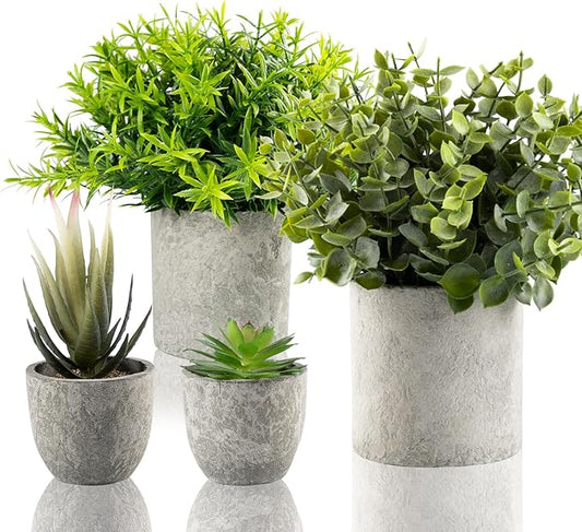 Lemonfilter 4 Pack Fake Plants, Small Eucalyptus Rosemary Succulents Artificial Mini Faux Potted Plants Fake Plant Indoor for Home Bathroom Bedroom Office Desk Desk Shelf Decor