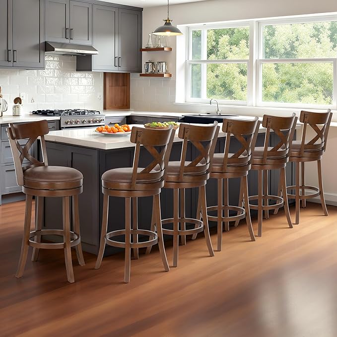 ALPHA HOME Swivel Bar Stools Set of 6, Kitchen Stools with Backs, 30 Inch Wooden Bar Stools, 360 Degrees Swivel Chair with Upholstered, Wrap-Around Footrest Counter Chair, Cappuccino
