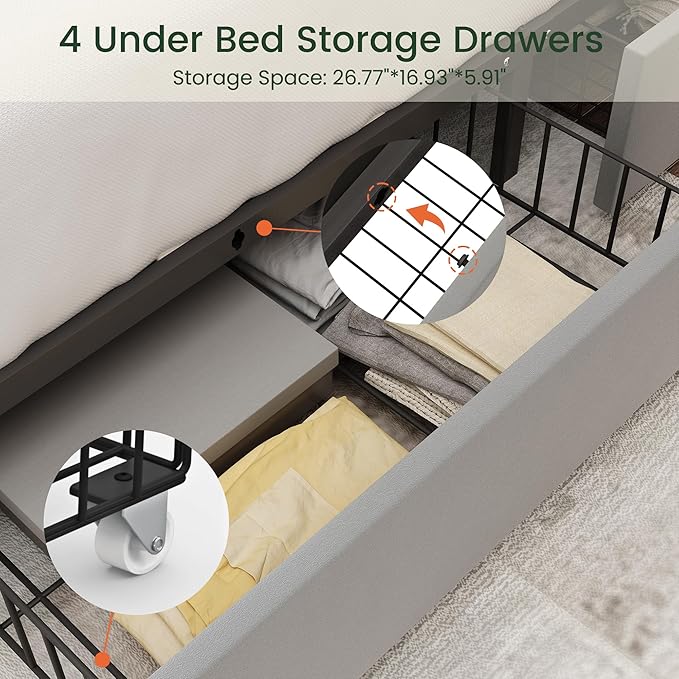 LARMACE King Size Bed Frame with 4 Storage Drawers and Tufted Headboard Velvet Upholstered Platform Bed Frame with Heavy Duty Wood Slats, No Box Spring Needed, Easy Assembly, Bluish Grey