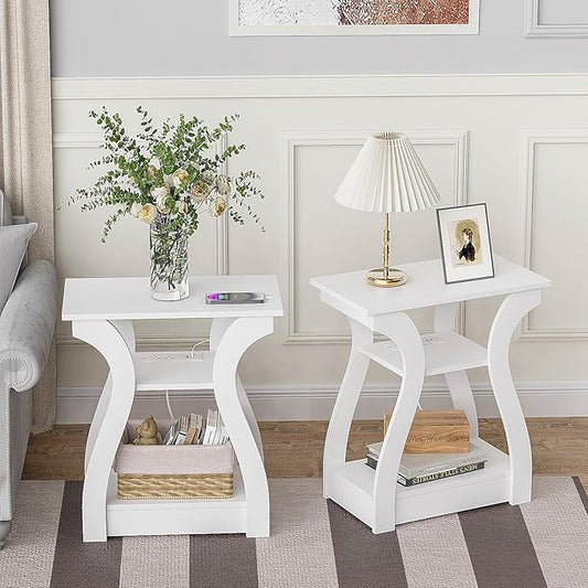 End Tables Living Room Set of 2,End White Table with Charging Station, Side Table, Nightstand for Bedroom, 3 Tier End Table with Storage Shelf for Living Room White