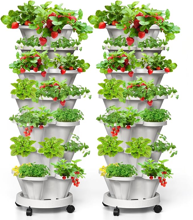 7 Tiered Strawberry Vertical Planter 2 Pack, Stackable Tower Garden Planter Herb Garden Planter with Movable Casters and Bottom Saucer Indoor and Outdoor - White