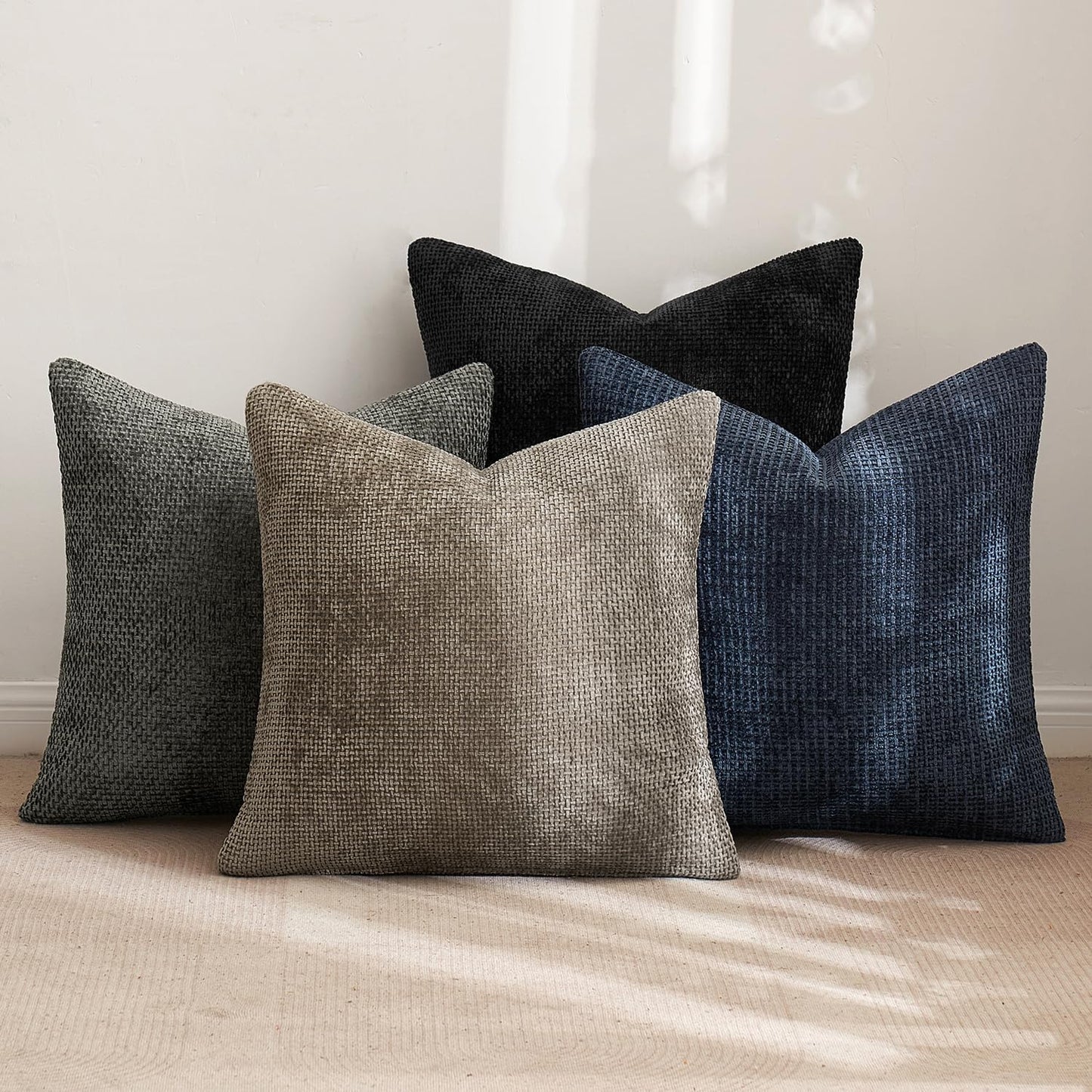 MIULEE Pack of 4 Couch Throw Pillow Covers 20x20 Inch Neutral Navy/Grey Soft Decorative Chenille Pillow Covers Farmhouse Accent Cushion Covers for Boho Home Decor Sofa Bedroom Living Room