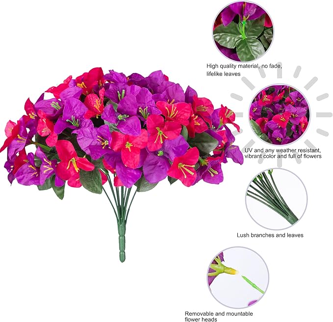 Ivydale Artificial Fake Flowers Faux Plants for Outdoors, 4 Bundles Fake Silk Bougainvillea Flower Look Real UV Resistant Flowers for Planter Patio Porch Window Yard Balcony Home Decor(PurpleHotpink)