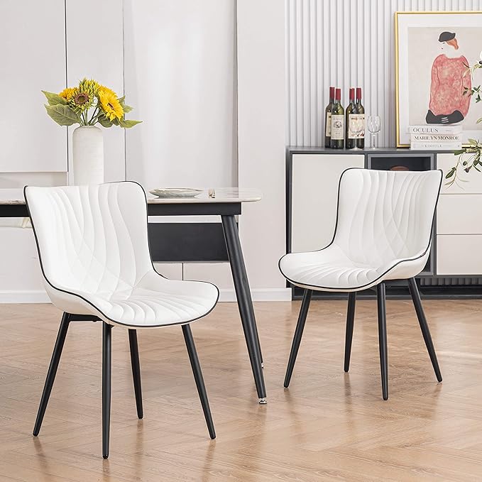 YOUTASTE Dining Chairs Set of 2, Mid Century Modern Upholstered Faux Leather Kitchen Room Chairs, with Black Metal Legs, Armless Accent Chair for Living Room, Bedroom, Vanity, White