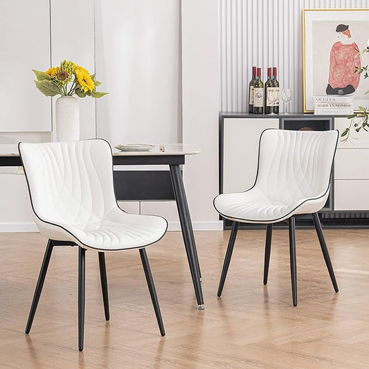 YOUTASTE Dining Chairs Set of 2, Mid Century Modern Upholstered Faux Leather Kitchen Room Chairs, with Black Metal Legs, Armless Accent Chair for Living Room, Bedroom, Vanity, White