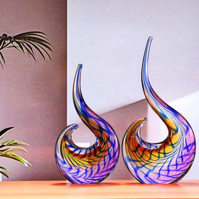 Luxury Lane Hand Blown Abstract Peacock Sommerso Art Glass Sculpture for Home Decor 15 inch Tall Centerpiece Table Decoration