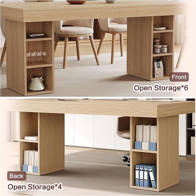 GarveeHome 71-Inch Rectangular Dining Table with Storage, Large Dining Table for 6-8 w/Large Tabletop & Sturdy Frame, Wooden Kitchen Table with Double Pedestal, for Dining Room, Office, Oak