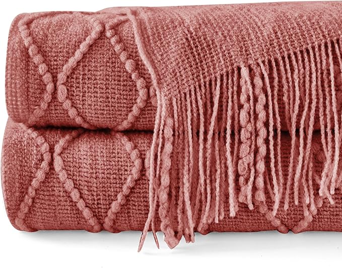 InHand Knitted Throw Blanket for Couch and Bed, Soft Cozy Knit Blanket with Tassel, Coral Pink Lightweight Decorative Throw, Farmhouse Warm Woven Throw for Men and Women, 50"x60"