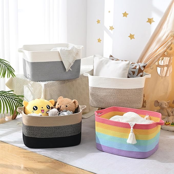 Large Blanket Basket, 60 L Rectangle Storage Baskets for Organizing, Woven Laundry Basket for Blankets, Cotton rope Blanket Storage for Living Room, Nursery Room, Brown&Black