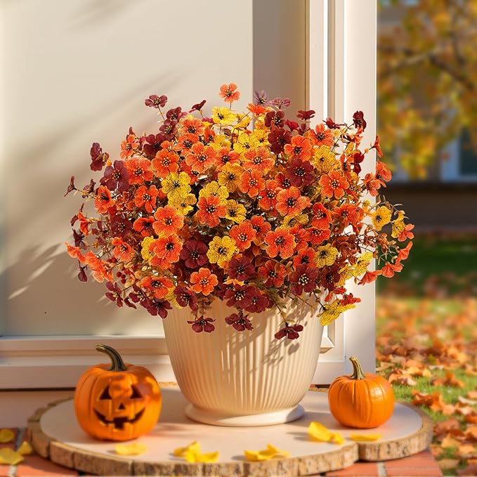 Artificial Mums Fall Fake Flowers for Outdoors, 12 Bundles Faux Mums for Outdoor Planters Autumn Decorations,UV Resistant Silk Flowers for Outside Front Porch Patio Home Decor(B-Orange Yellow Brown)