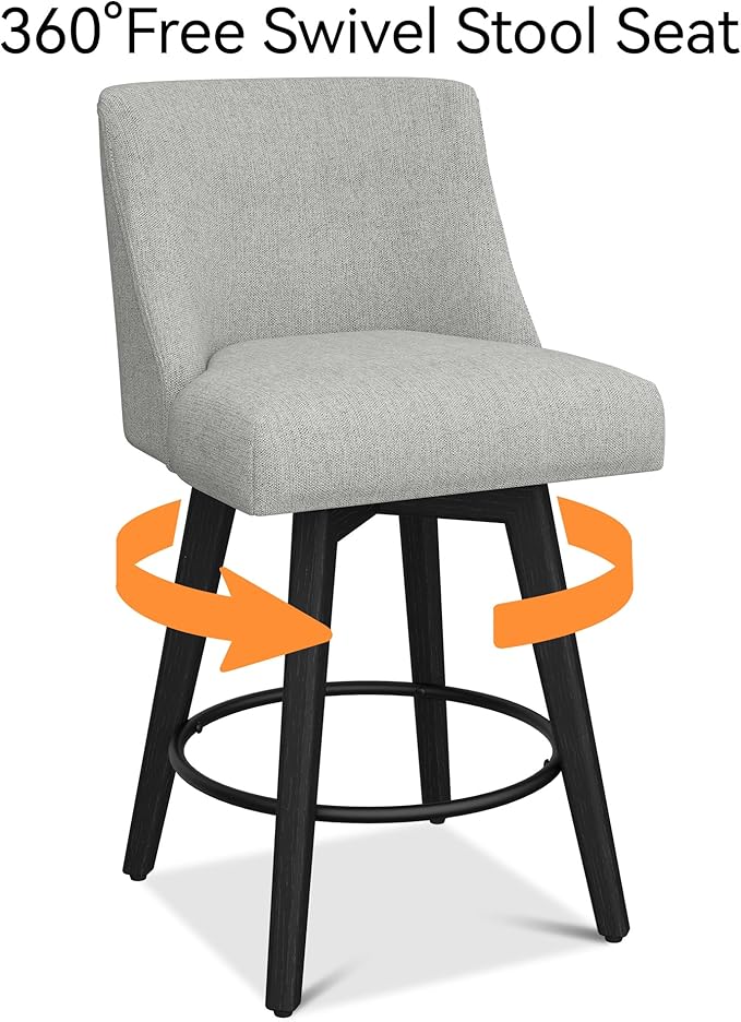 Counter Height Bar Stools Set of 2, Modern Swivel Barstools with Back and Wood Legs, Linen Fabric Upholstered Counter Height Stools, 26" H Kitchen Island Stools, Home Bar, Light Grey