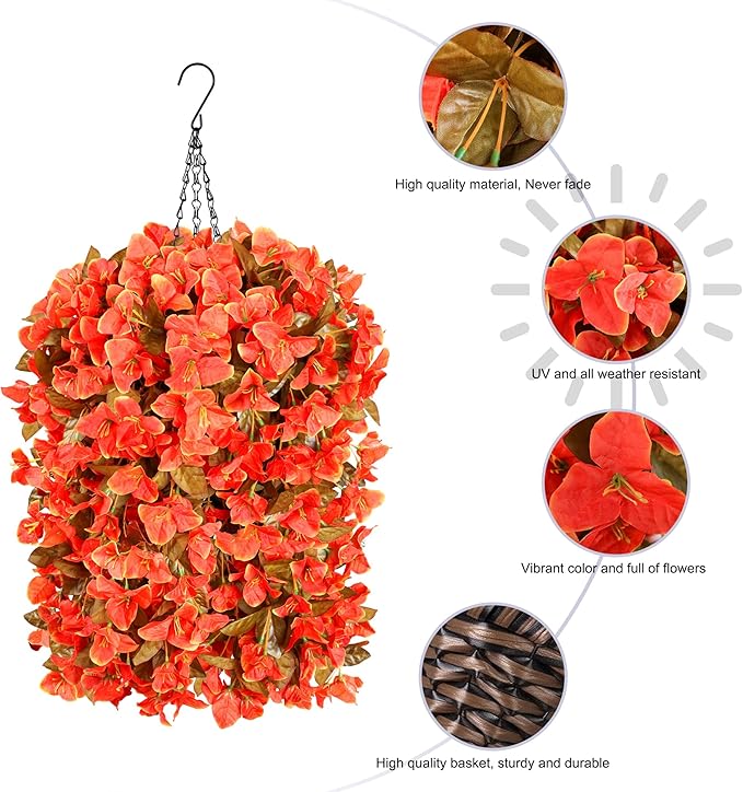 Bougainvillea Artificial Fall Flowers Fake Plants for Outdoors Autumn Decoration, 3PCS Faux Silk Hanging Trailing Vines with Baskets UV Resistant Realistic for Front Door Patio Balcony, Fall Orange