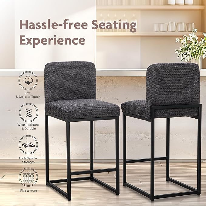 ALPHA HOME 24" Bar Stools Set of 4 Kitchen Counter Stools with Back, Counter Height Stools with Upholstered Footrest for Kitchen Island, Metal Steel Frame, Chenille, Darkgray