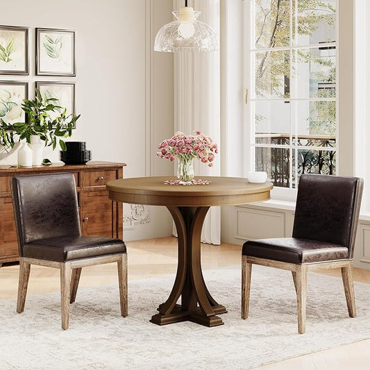 Wooden Dining Chairs Set of 2, Modern Leather Upholstered Dining Room Chair, Kitchen Side Chairs, Farmhouse Dinner Chair with High Back for Kitchen, Brown