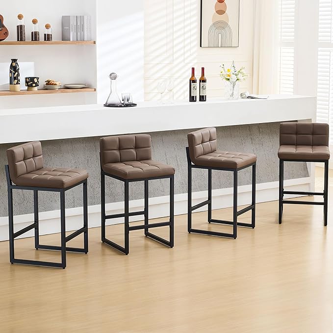 Counter Height Bar Stools Set of 4, Upholstered Barstools with Back, Bar Chairs with Thickened Metal Legs, PU Leather Counter Stools for Kitchen Island (Coffee Brown, 4Pcs 26" Bar Stools)