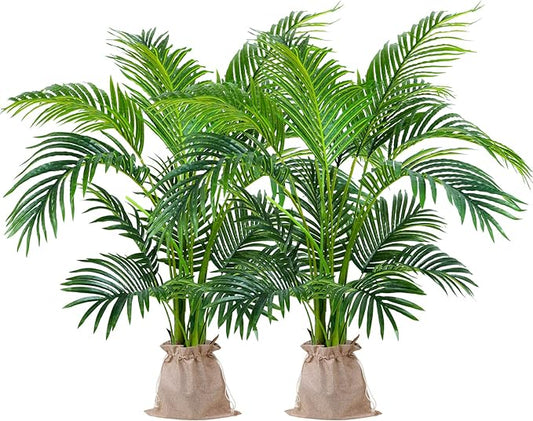 Worth Garden 4ft Artificial Areca Palm Plant 2 Packs in Pot, Fake Cane Palm Silk Tree Indoor Outdoor, Dypsis Lutescens, 47in Lifelike Faux Silk Plant Home Decor, Two Linen Bags Included