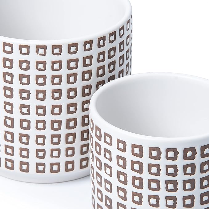 D'vine Dev Set of 2 Ceramic Planter Pots with Drainage Hole and Saucer, 4.5 Inch 6 Inch Plant Pots for Plants Indoor Houseplants, White, 99-A-1