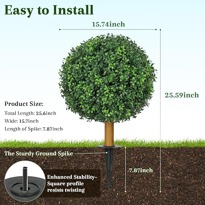25.6'' Faux Outdoor Plants with Spike, 1PCS UV Resistant Artificial Boxwood Balls Topiary Tree Outdoor, Realistic Fake Plants Outside for Balcony Yard Garden Porch Entryway Front Door Decor