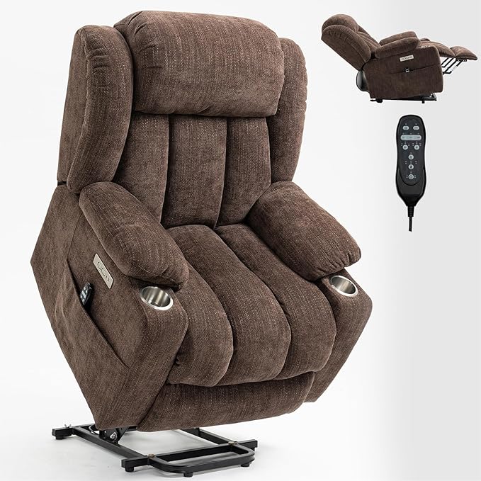 Power Lift Recliner Chair, 350lb Capacity with 8-Point Massage & Heating, USB/Type-C Ports & Cup Holders, Heavy Duty Chenille Recliner for Elderly, Brown