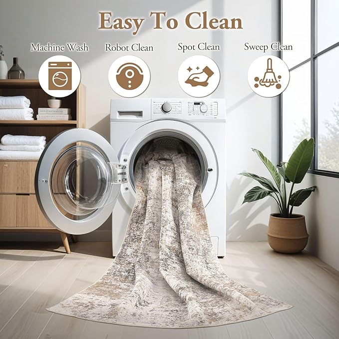 Area Rugs for Living Room: 5x7 Large Soft Washable Rug Modern Abstract Non-Slip Backing Stain Resistant Carpet for Bedroom Dining Room or Home Office Home Decor - Brown