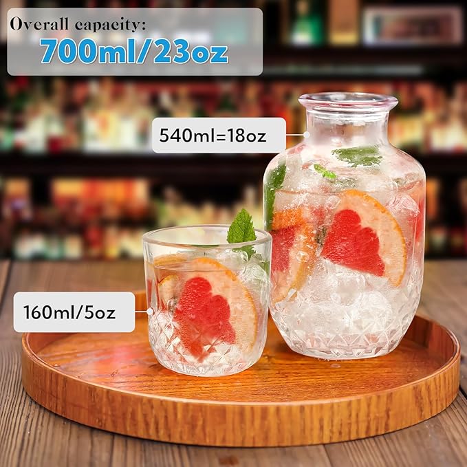 3 Set Bedside Water Carafe and Glass Set 18 OZ Vintage Glass Water Pitcher with 5 OZ Cup Set Clear Glass Water Pitcher for Bedroom,Bar,Bathroom,Hotel,Restaurant,Juice,Mouthwash Container,Style-2