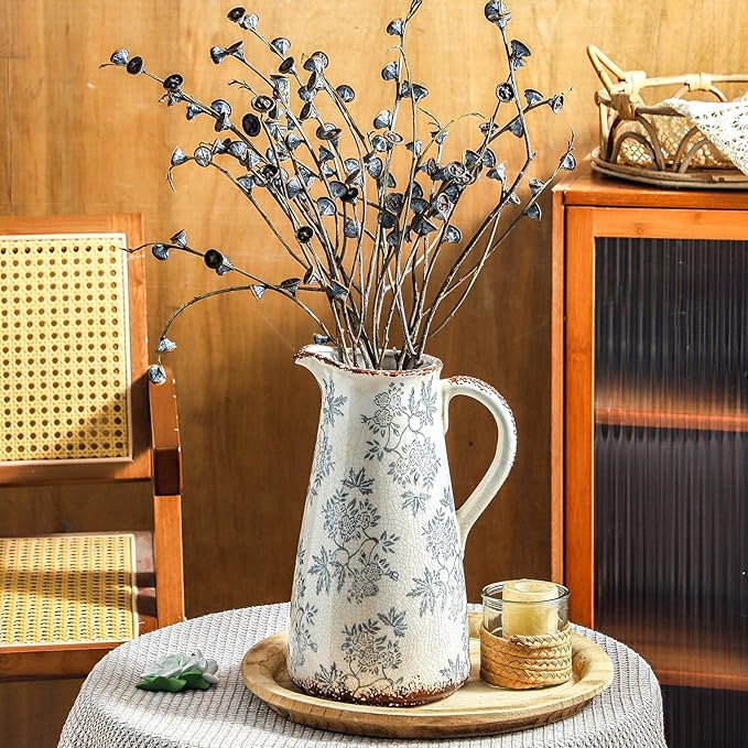 Enra Blue and White vase with Handle,12.2 inch Ceramic Vintage Decorative Flower Pitcher vase, Chinoiserie Floral Vase,Large Rustic Vases for Home Decors, Living Room, Bookshelf, Office
